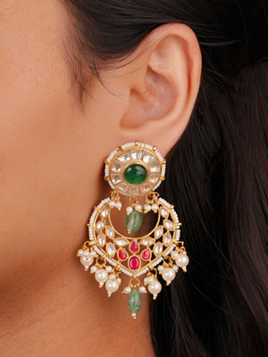 Circular Kundan Stud Earring with Emerald Bead Chandbali Drop by SITA JEWELRY