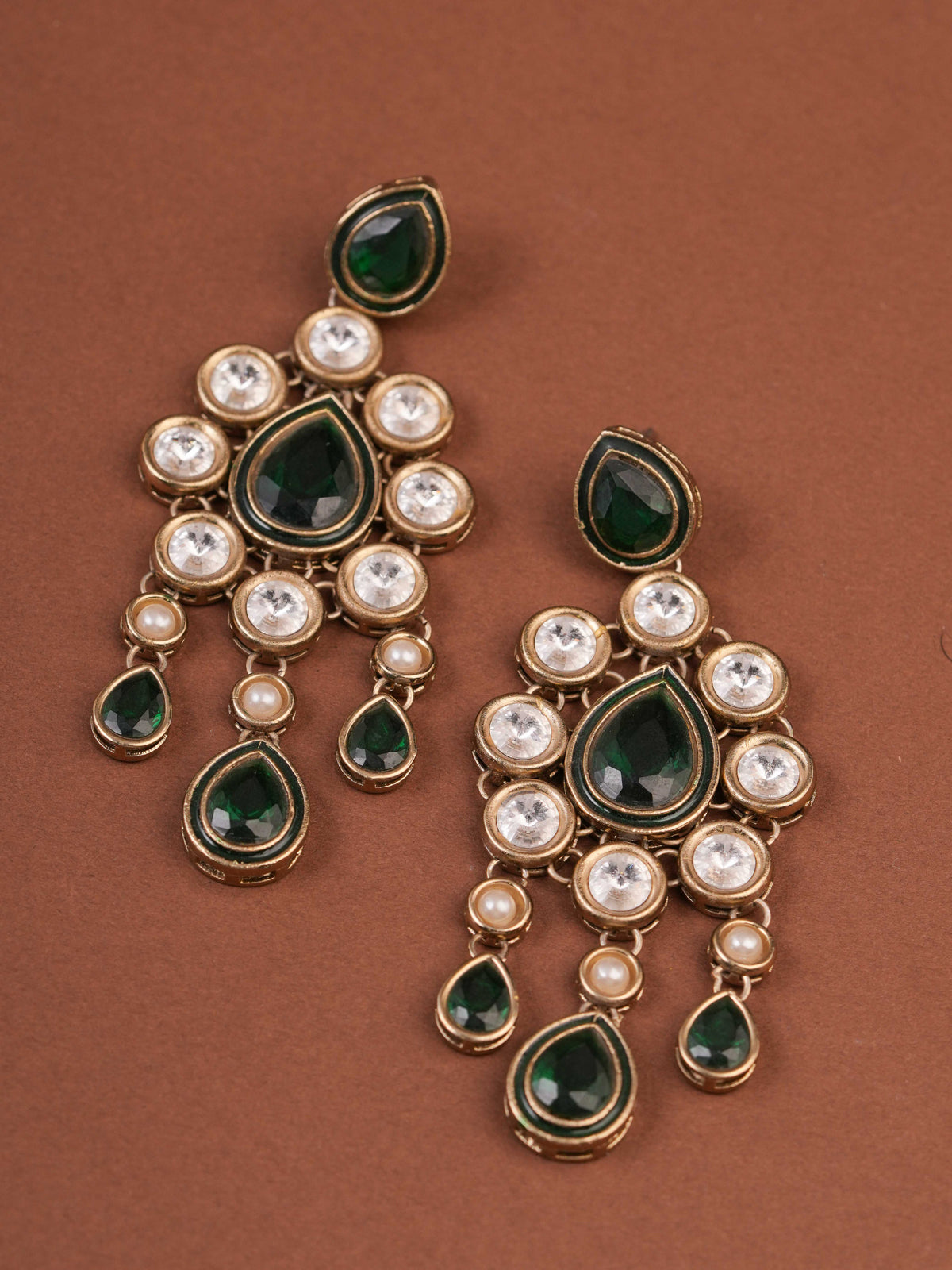SITA JEWELRY Siya Orra emerald green Kundan chandelier earrings with pearl and teardrop danglers