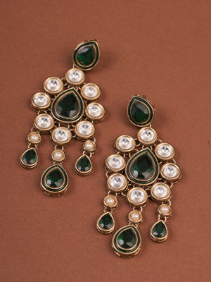 SITA JEWELRY Siya Orra emerald green Kundan chandelier earrings with pearl and teardrop danglers