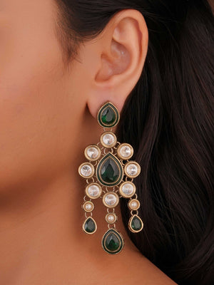 SITA JEWELRY Siya Orra emerald green Kundan chandelier earrings with pearl and teardrop danglers