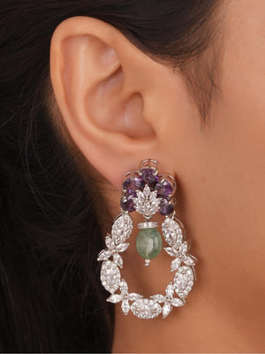 Siya Luxe | Amethyst Purple Floral CZ Open Hoop Earrings with Green Drop Bead - Fashion Earrings for Women