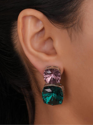 Siya Luxe | Two-Tone Pastel Purple and Emerald Cushion Stack Earrings - Fashion Earrings for Women