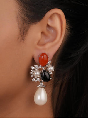 Siya Luxe | Multi-Gemstone Cluster Pearl Drop Earrings - Fashion Earrings for Women