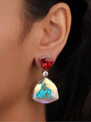 Siya Luxe | Red Trillion Cut and Aurora Borealis Crystal Drop Earrings - Fashion Earrings for Women
