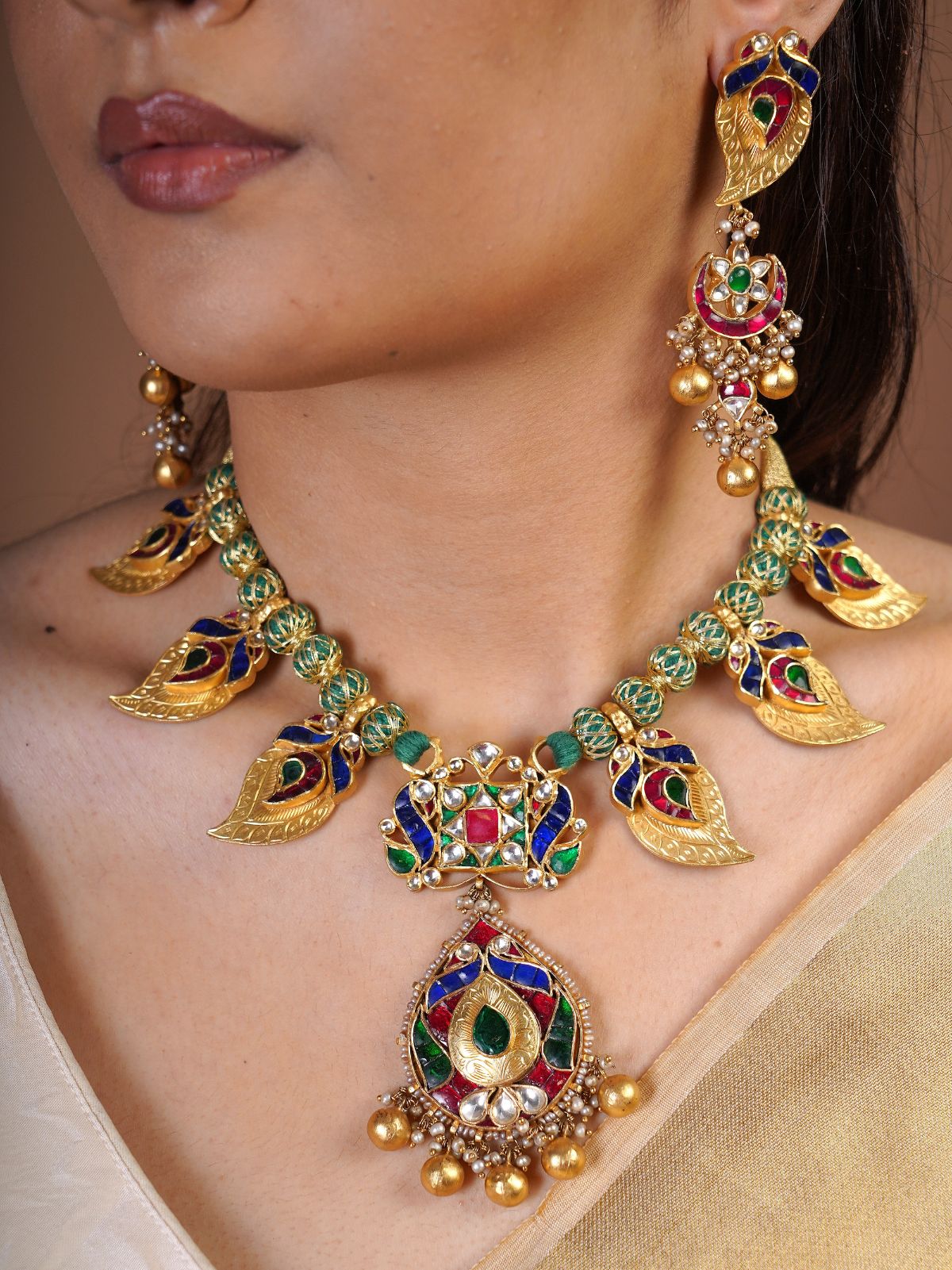 Samraagni-silver Jadau Peacock Necklace Set