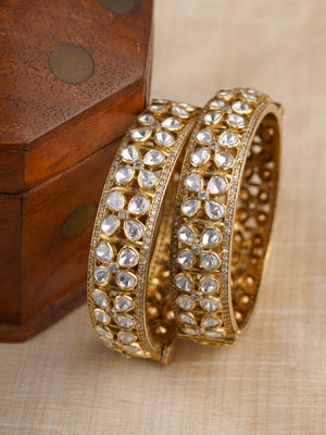 Sitaratna white moissanite floral gold-plated bangle pair styled on wrist