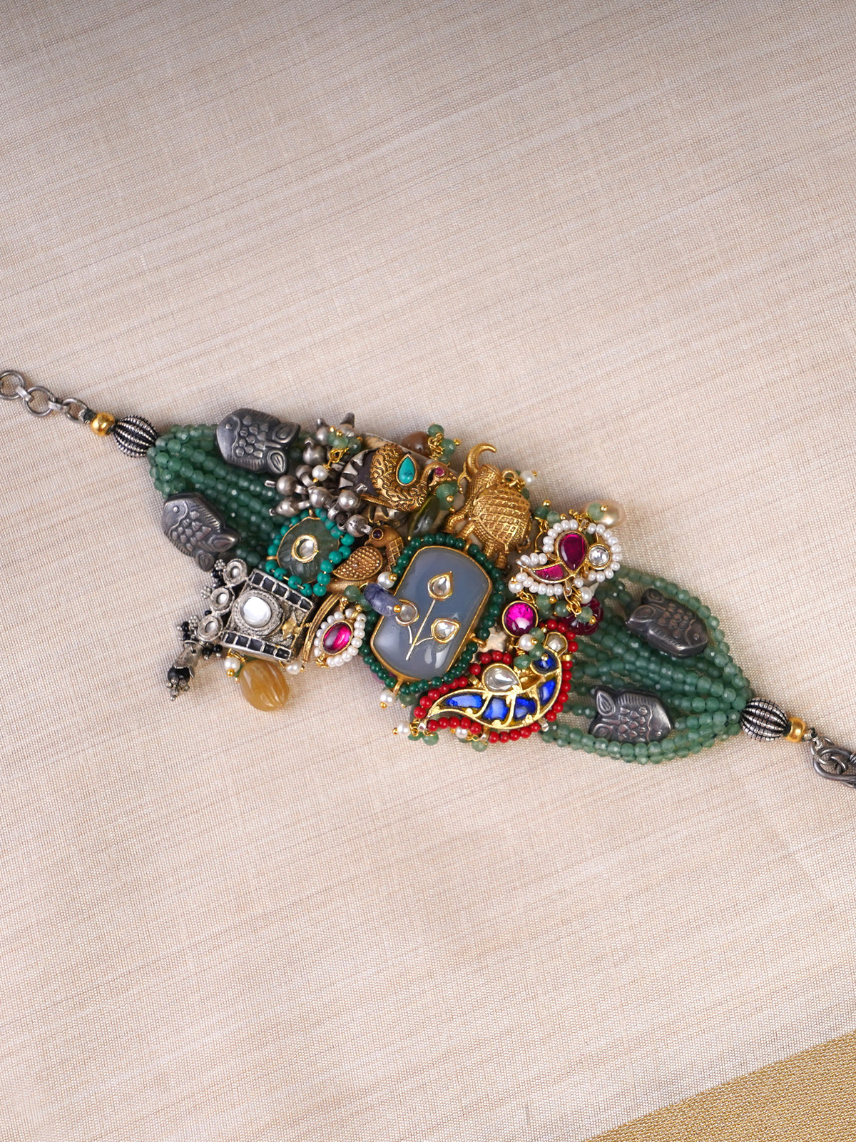 Sitamahor green bead charm collage fusion statement bracelet styled on the wrist