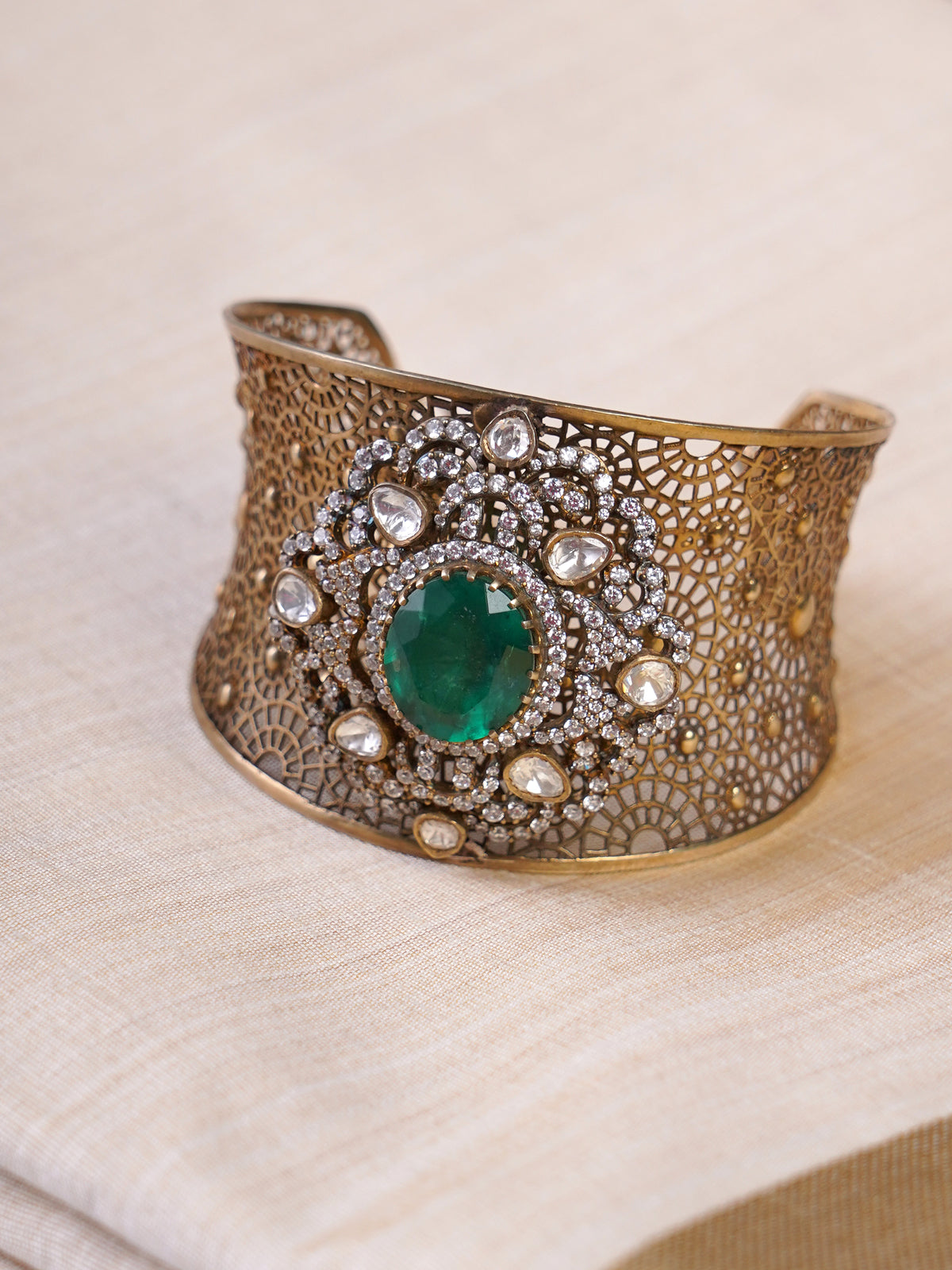 Samragni green kundan filigree statement cuff styled on the wrist