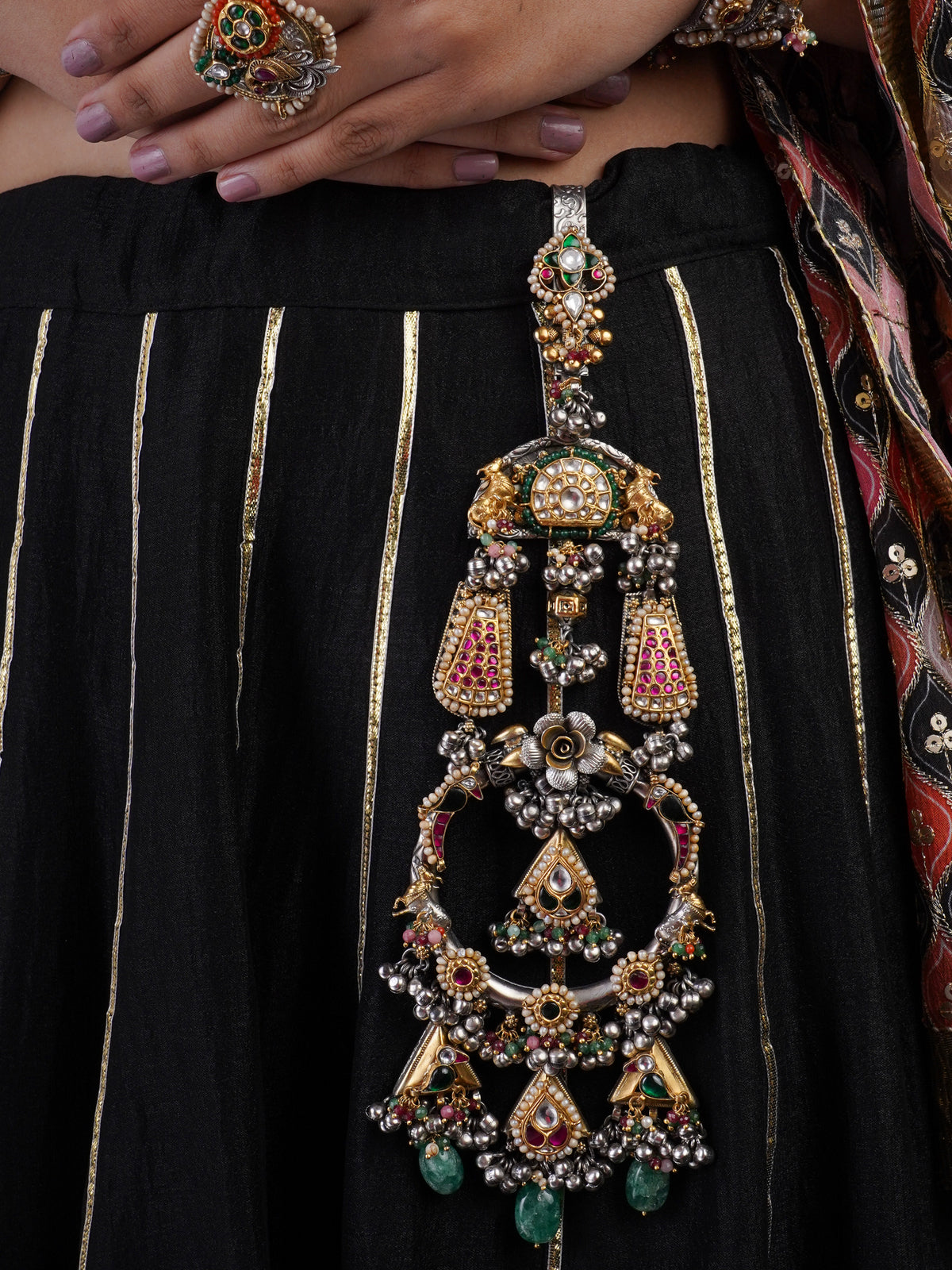 Sitamohur Navrangi heritage cascade fusion Juda hair ornament with kundan-style stones pearls and green drops