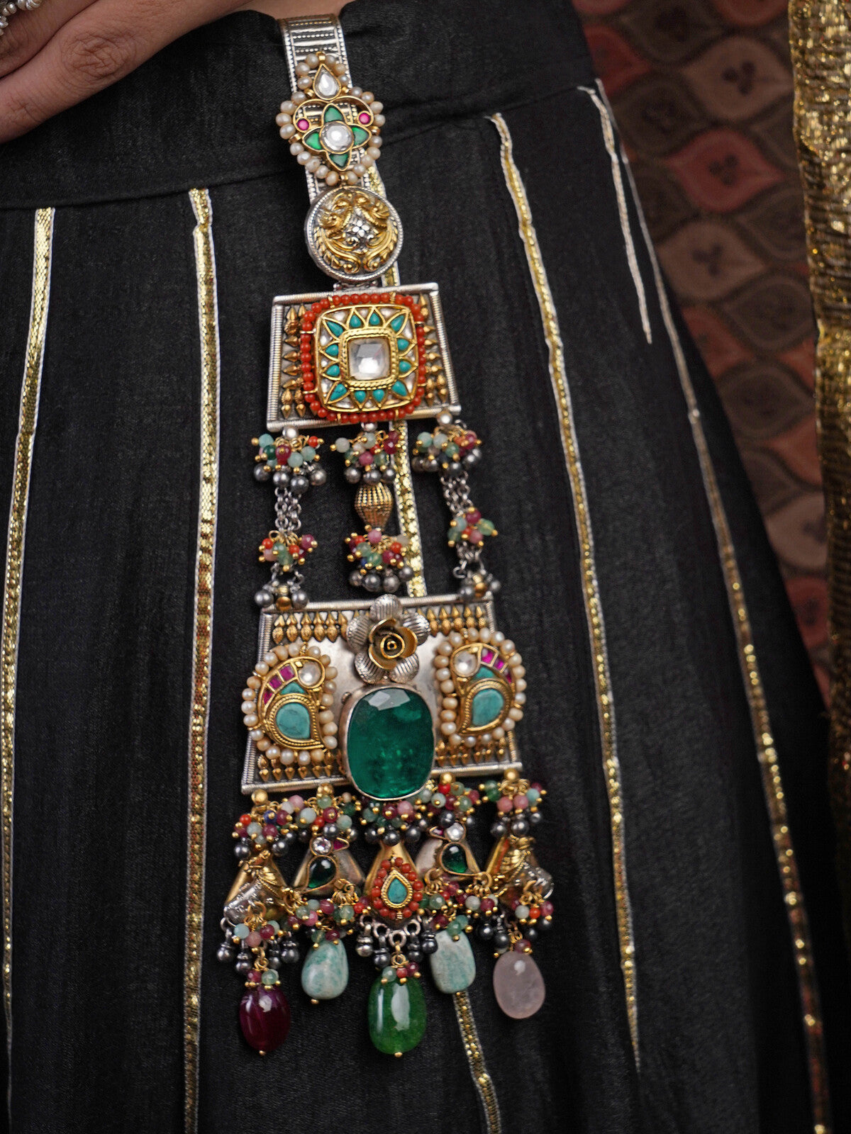 Sitamahor emerald paisley cascade fusion Juda hair ornament with turquoise ruby pearl and mixed-metal details