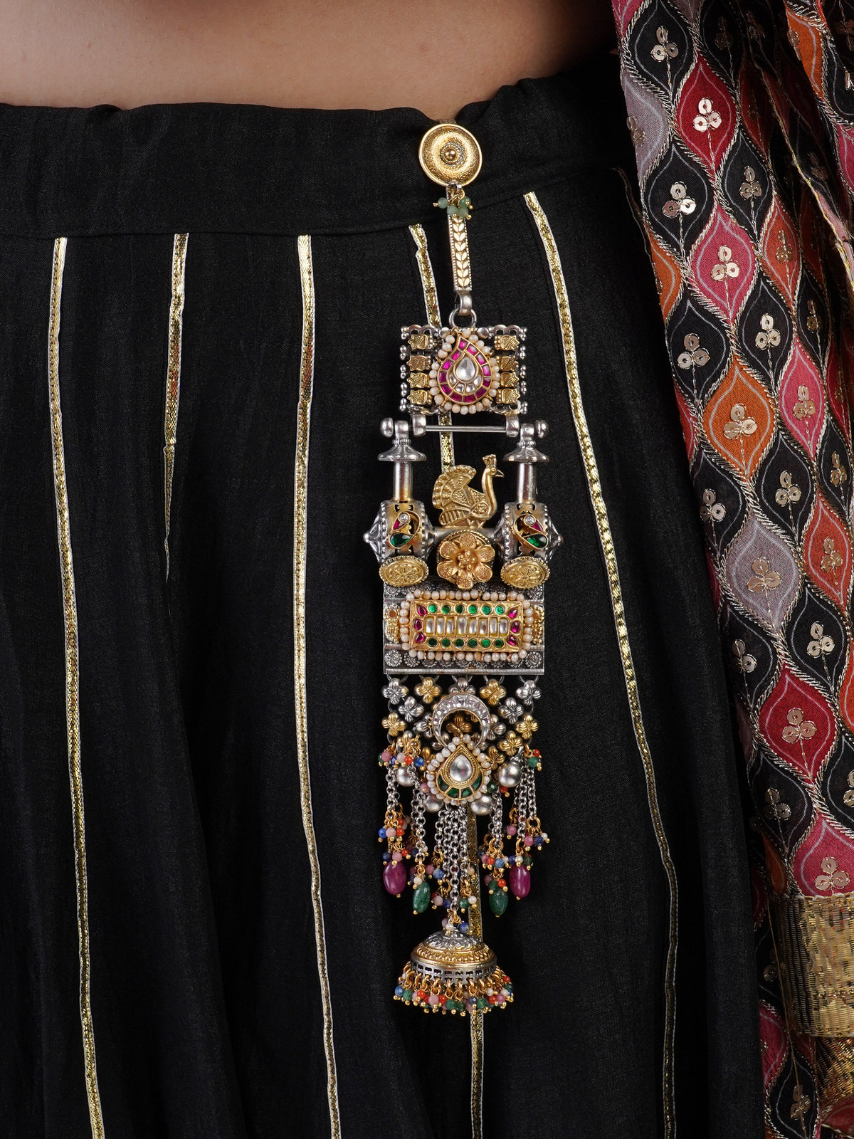 Sitamohur peacock kundan jhumka fusion Juda hair ornament with multicolour stones bead tassels and mixed-metal details