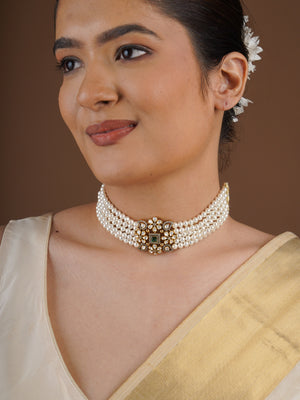 SITA RATNA pearl choker necklace with green centre and white moissanite stones