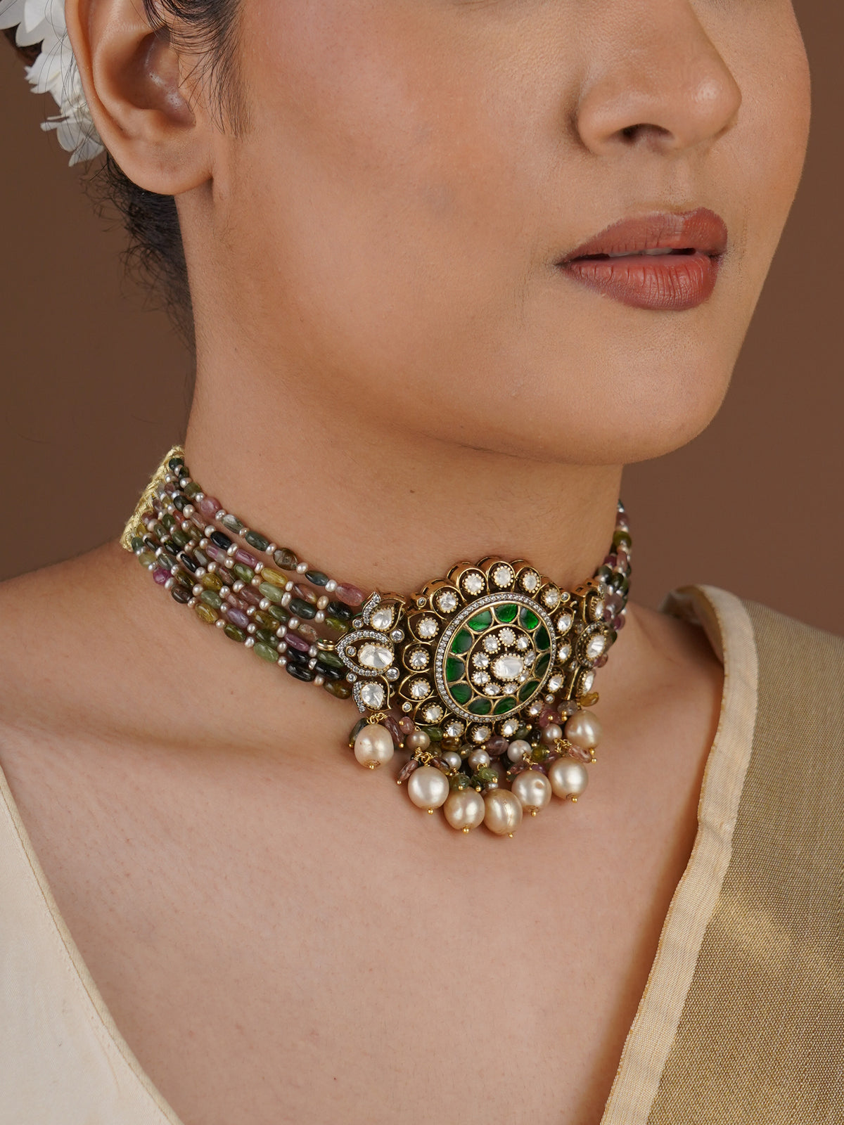 SITA RATNA multicolour bead choker with green and white moissanite centrepiece