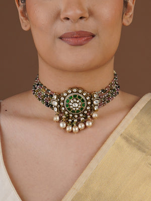 SITA RATNA multicolour beaded green moissanite choker necklace styled on model