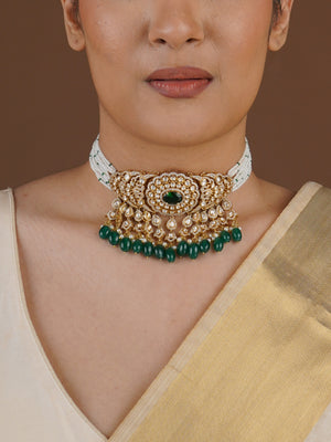 SITA RATNA green bead moissanite choker necklace styled three-quarter view