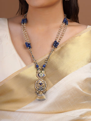 Sitamohur blue fusion rectangular earring close-up with pearl border, enamel detailing and oxidized silver-tone drop