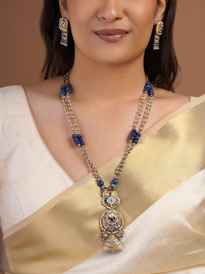 Sitamahor blue bead and pearl fusion long necklace with layered strands and ornate mixed-metal heritage pendant