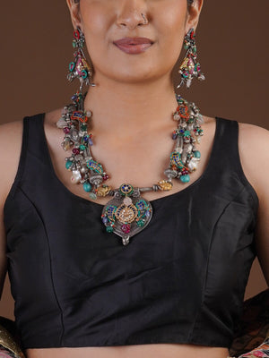 Sitamohur Navrangi artisan fusion necklace set with oxidized silver-tone layers, colourful bead clusters, heritage motifs and matching earrings