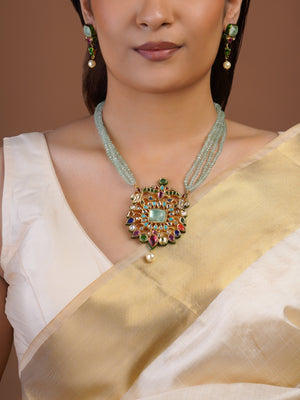 Samraagni aqua green bead multicolour kundan pendant necklace with pale centre stone, jewel-tone accents, pearl drop and matching earrings
