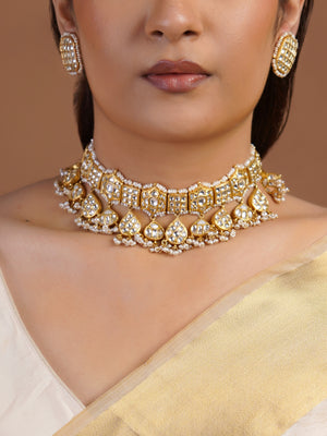 Samragni white kundan pearl drop bridal choker necklace set with geometric stones, teardrop hangings and matching statement studs