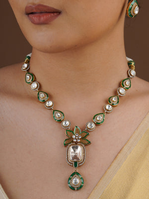 SITA RATNA green enamel floral moissanite necklace set styled on model
