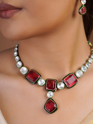 Samraagni ruby red white and green kundan drop earring close-up with square stud, round white stone and teardrop red stone