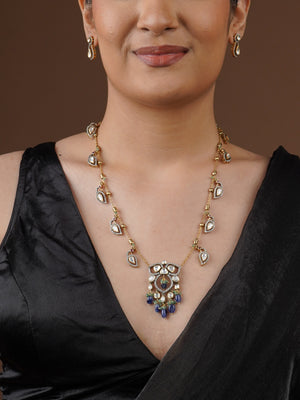 SITA RATNA blue drop teardrop moissanite necklace set styled on model in black saree