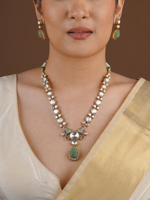 SITA RATNA green carved drop moissanite necklace set styled on model