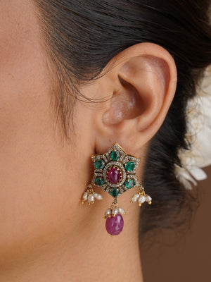 SITA RATNA multicolor elephant pendant moissanite necklace set full front view