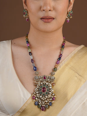 SITA RATNA multicolor elephant pendant moissanite necklace set styled on model