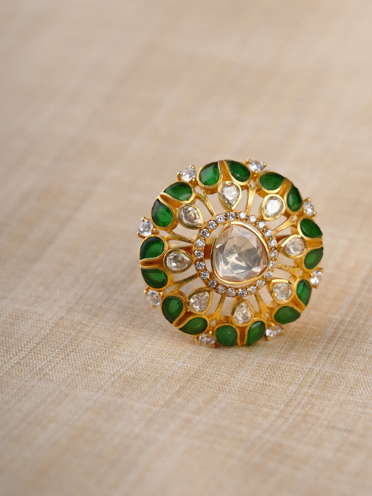 Sitaratna emerald and white moissanite statement ring styled on hand