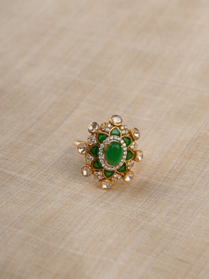 Sitaratna green and white radial moissanite halo ring styled on hand