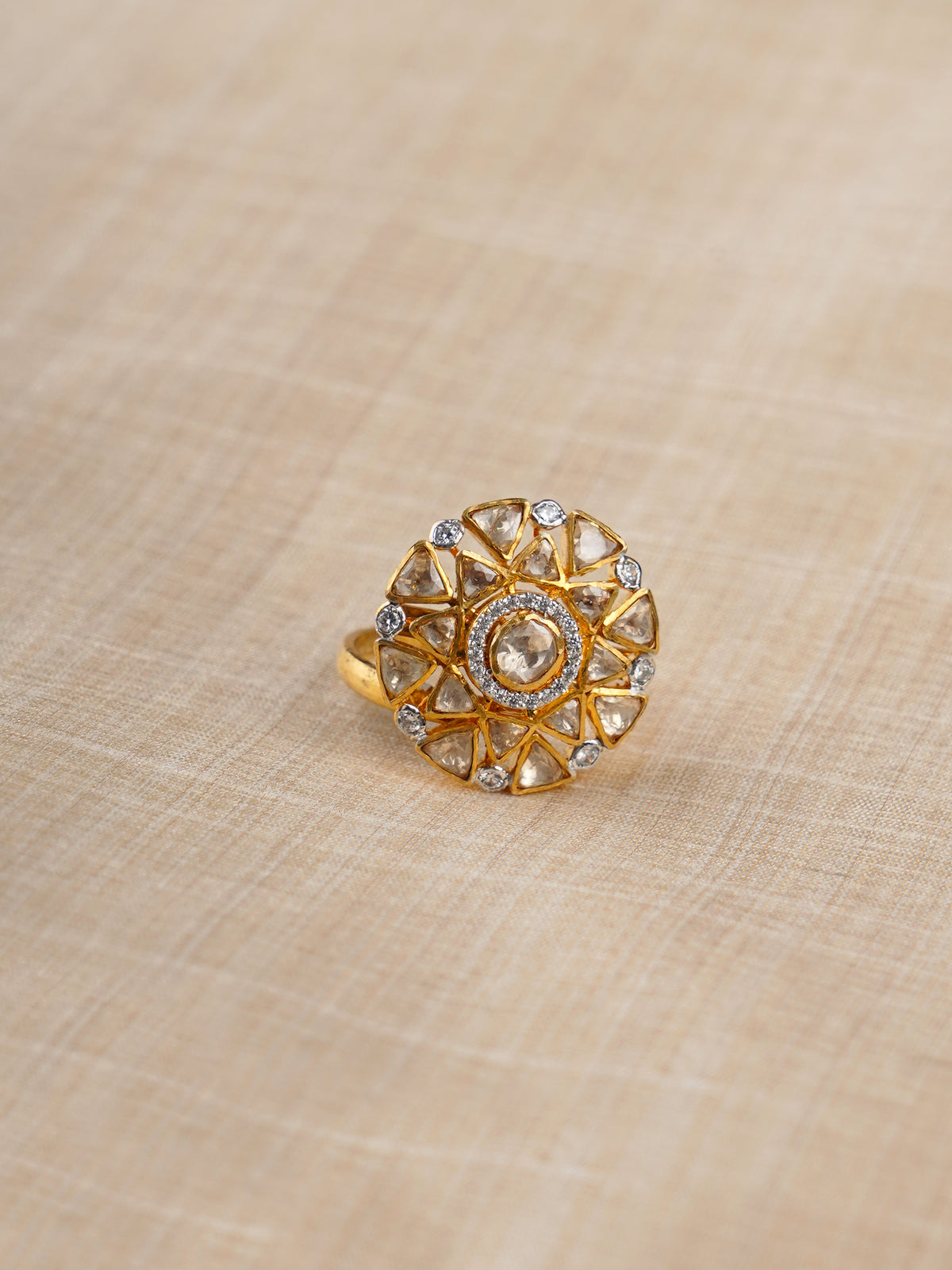 Sitaratna white sunburst moissanite gold-plated ring styled on hand