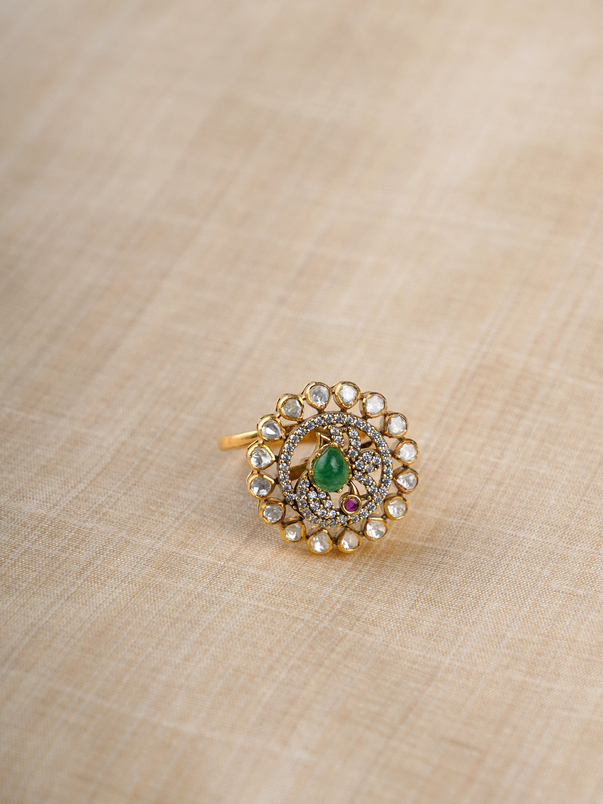 Sitaratna green peacock moissanite gold-plated ring styled on hand