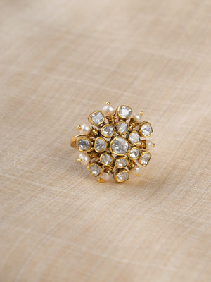 Sitaratna pearl and white moissanite cluster ring styled on hand