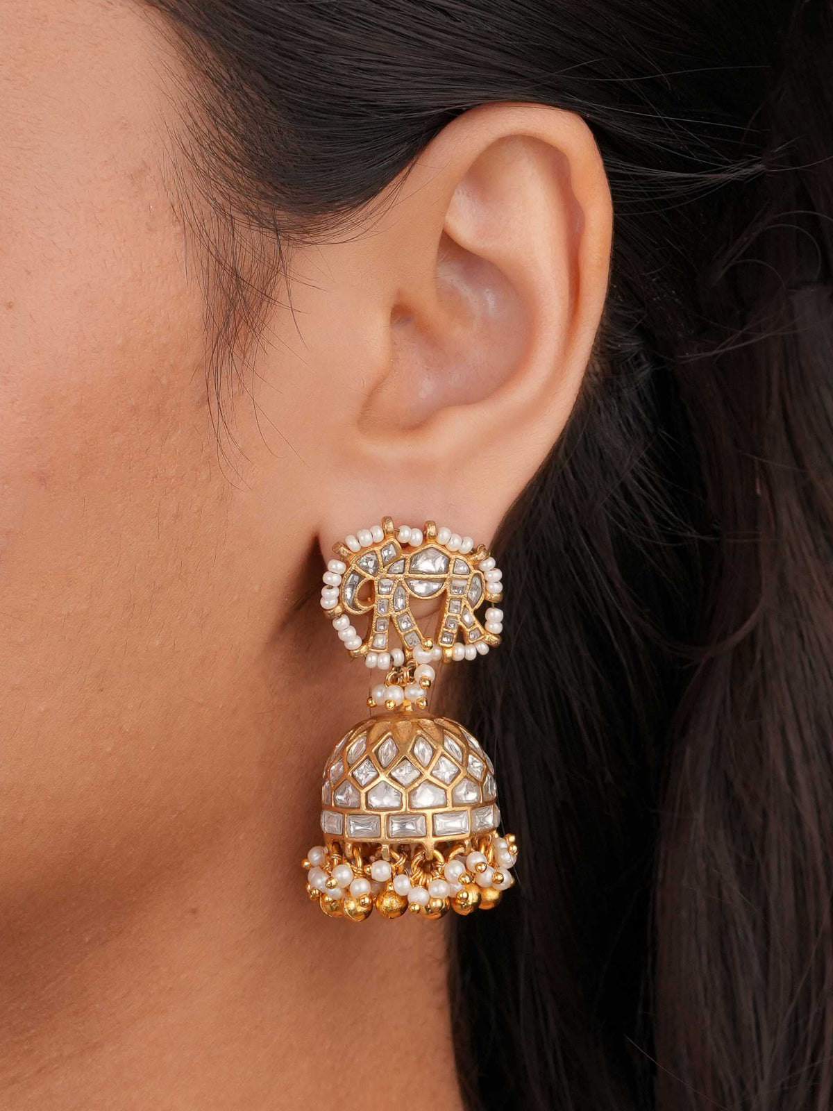 Royal Elephant Motif Kundan Jhumka Earrings by SITA JEWELRY