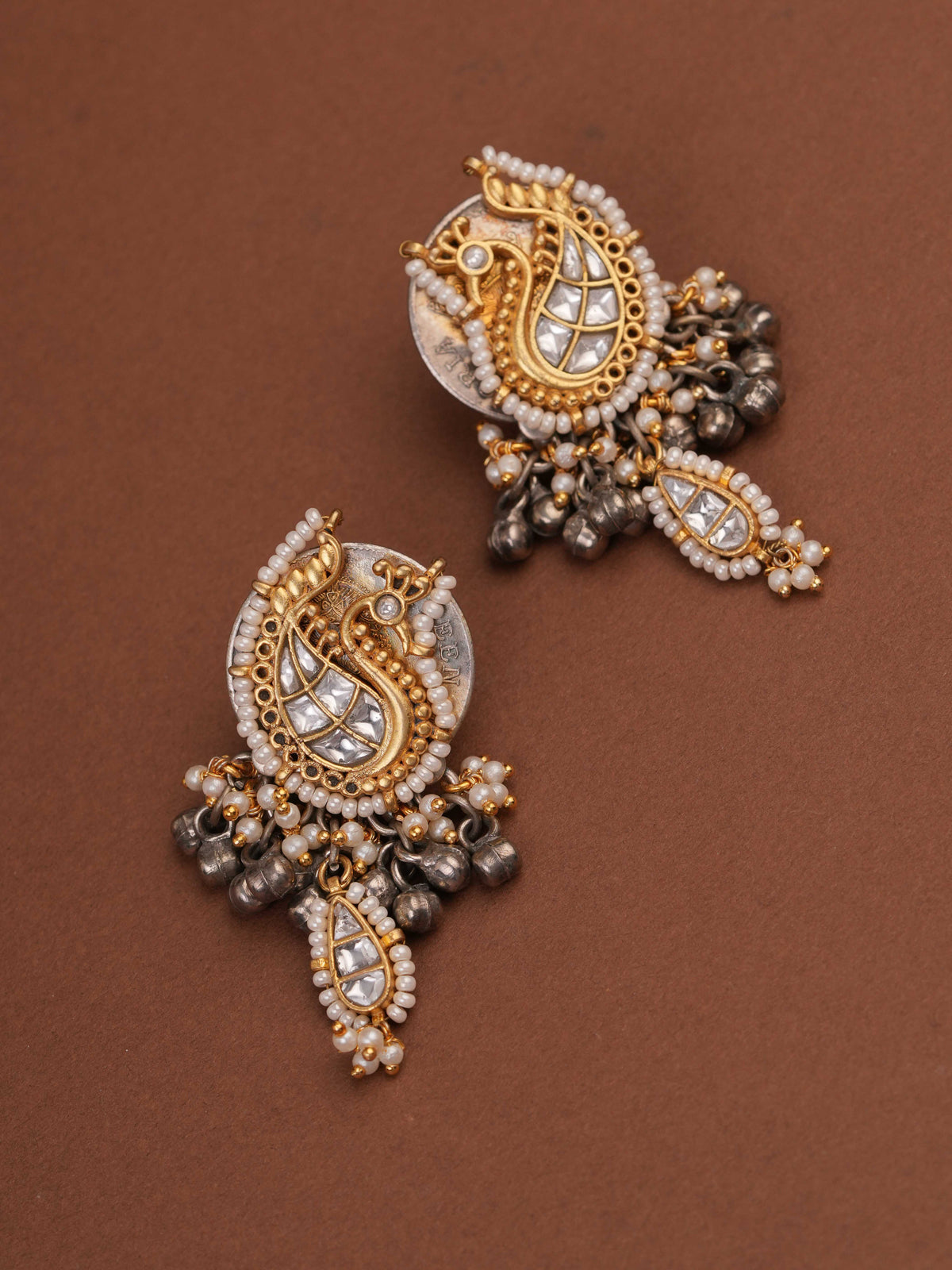 Peacock Motif Dual-Tone Coin Drop Earrings by SITA JEWELRY