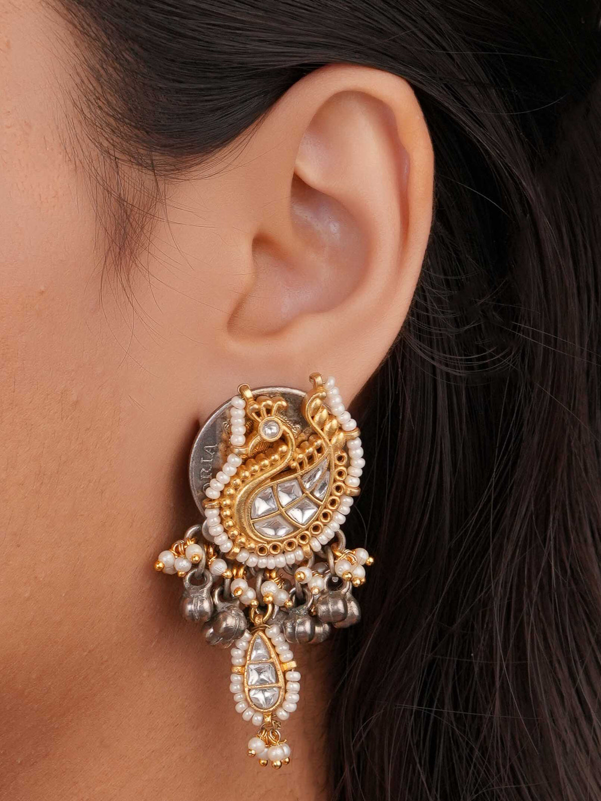 Peacock Motif Dual-Tone Coin Drop Earrings by SITA JEWELRY