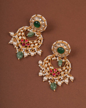 Circular Kundan Stud Earring with Emerald Bead Chandbali Drop by SITA JEWELRY