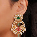 Circular Kundan Stud Earring with Emerald Bead Chandbali Drop by SITA JEWELRY