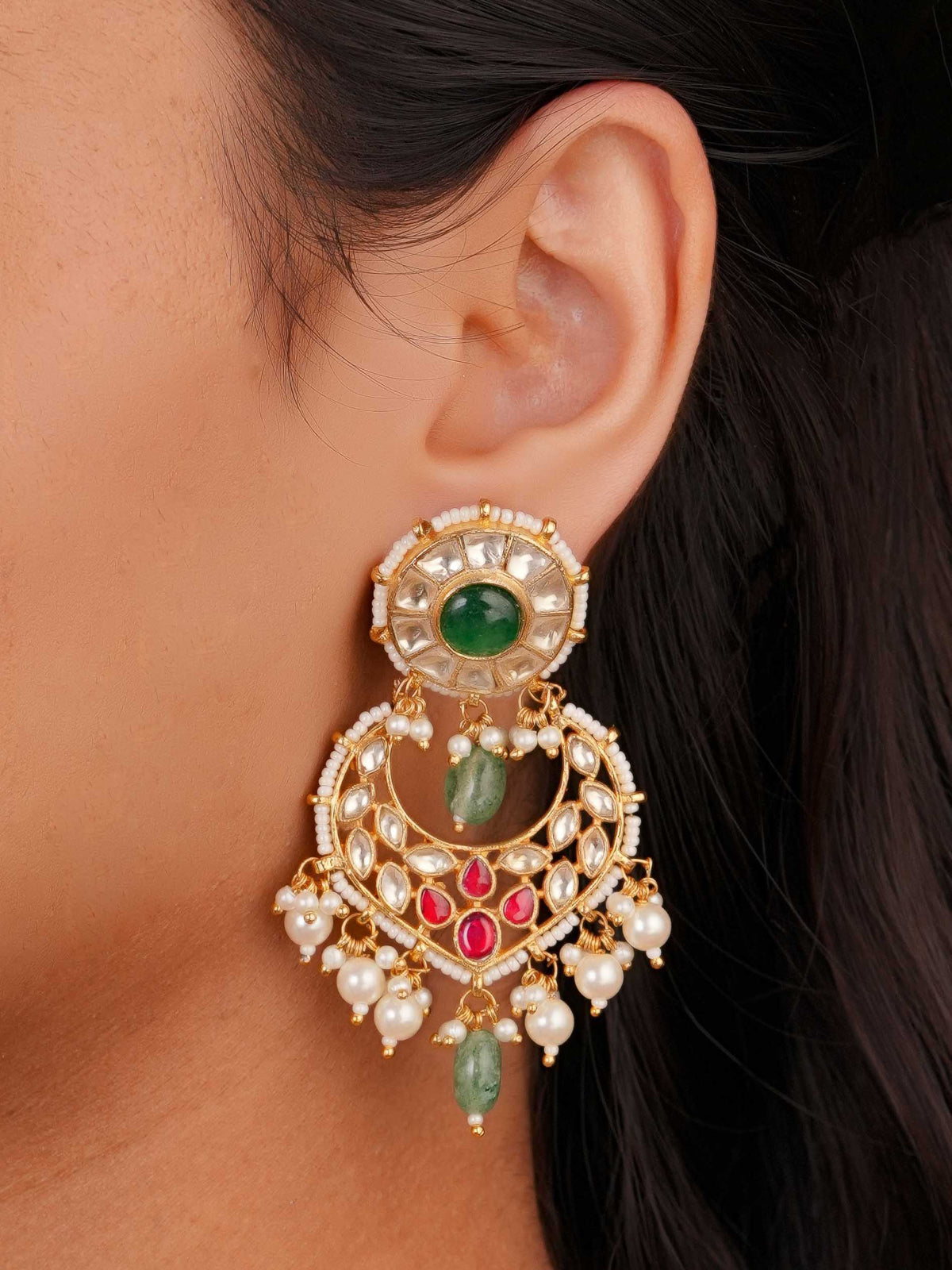 Circular Kundan Stud Earring with Emerald Bead Chandbali Drop by SITA JEWELRY