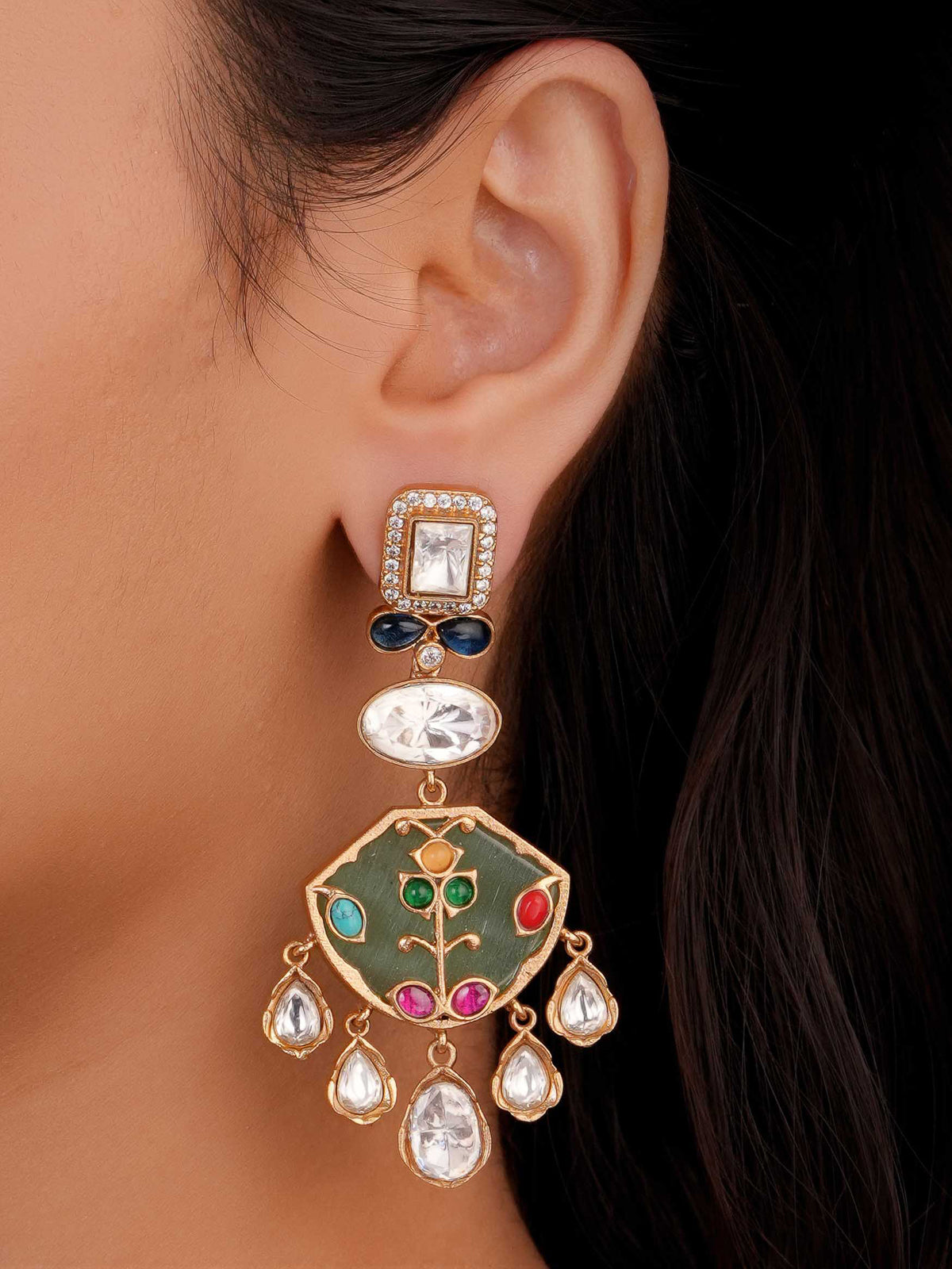 SITA JEWELRY Siya Orra multicolor floral Kundan chandbali earrings with green enamel and teardrop stones