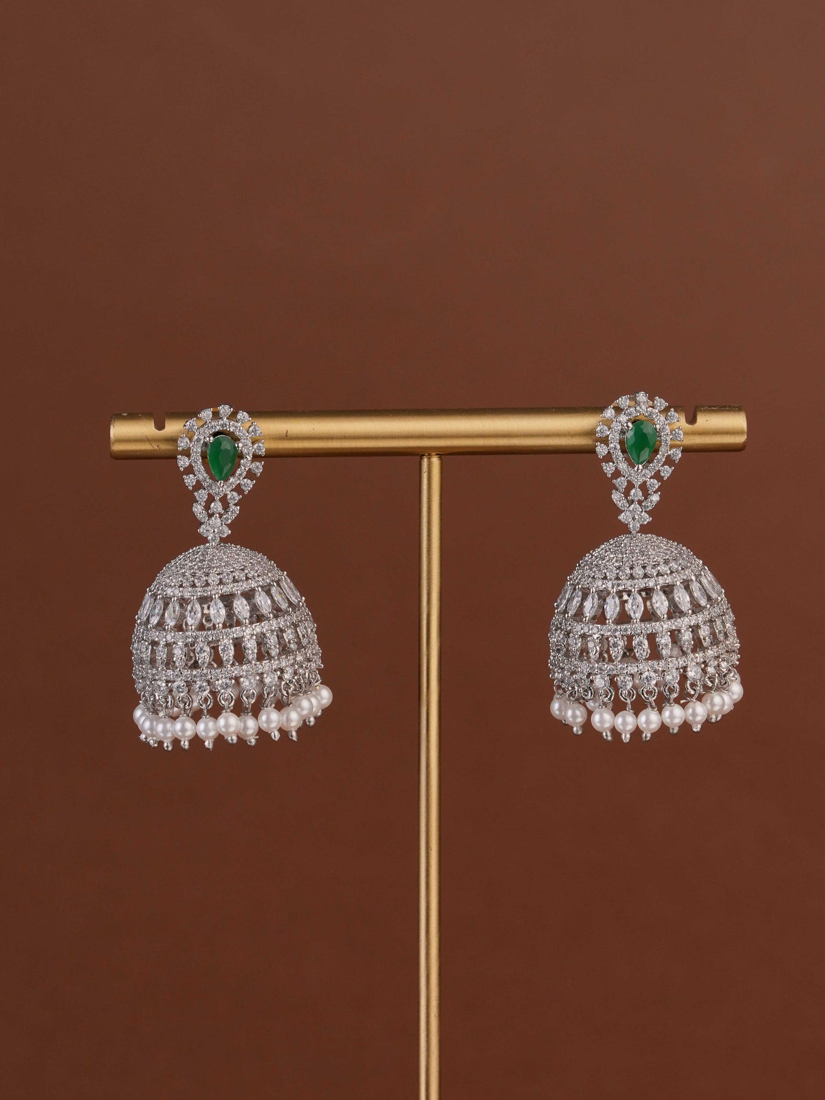 SITA JEWELRY Siya Orra silver-tone emerald CZ dome jhumka earrings with pearl fringe