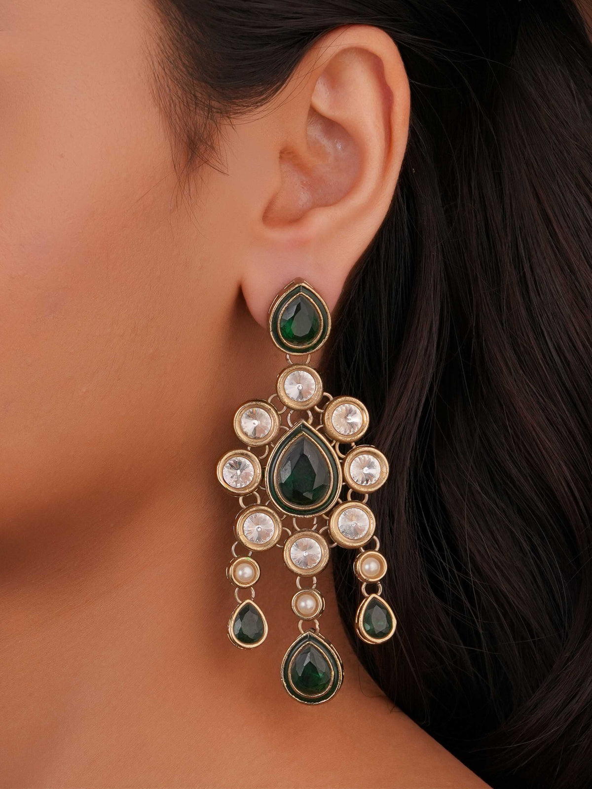 SITA JEWELRY Siya Orra emerald green Kundan chandelier earrings with pearl and teardrop danglers