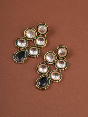SITA JEWELRY Siya Orra green Meenakari Kundan drop earrings with round white stones and teardrop centre