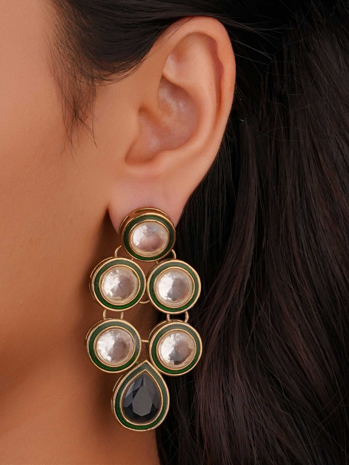 SITA JEWELRY Siya Orra green Meenakari Kundan drop earrings with round white stones and teardrop centre