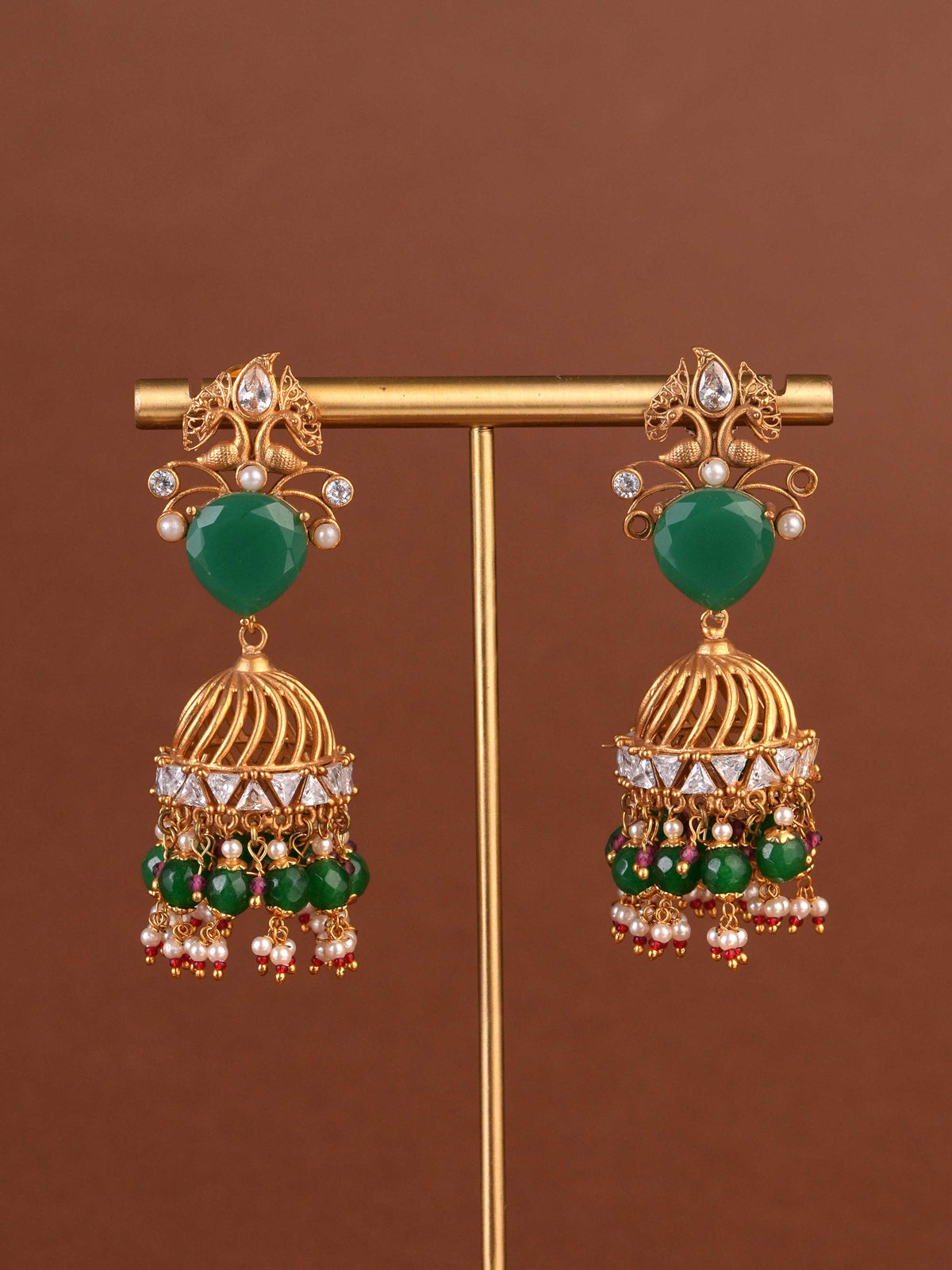 SITA JEWELRY Siya Orra emerald green peacock jhumka earrings with pearl and bead hangings