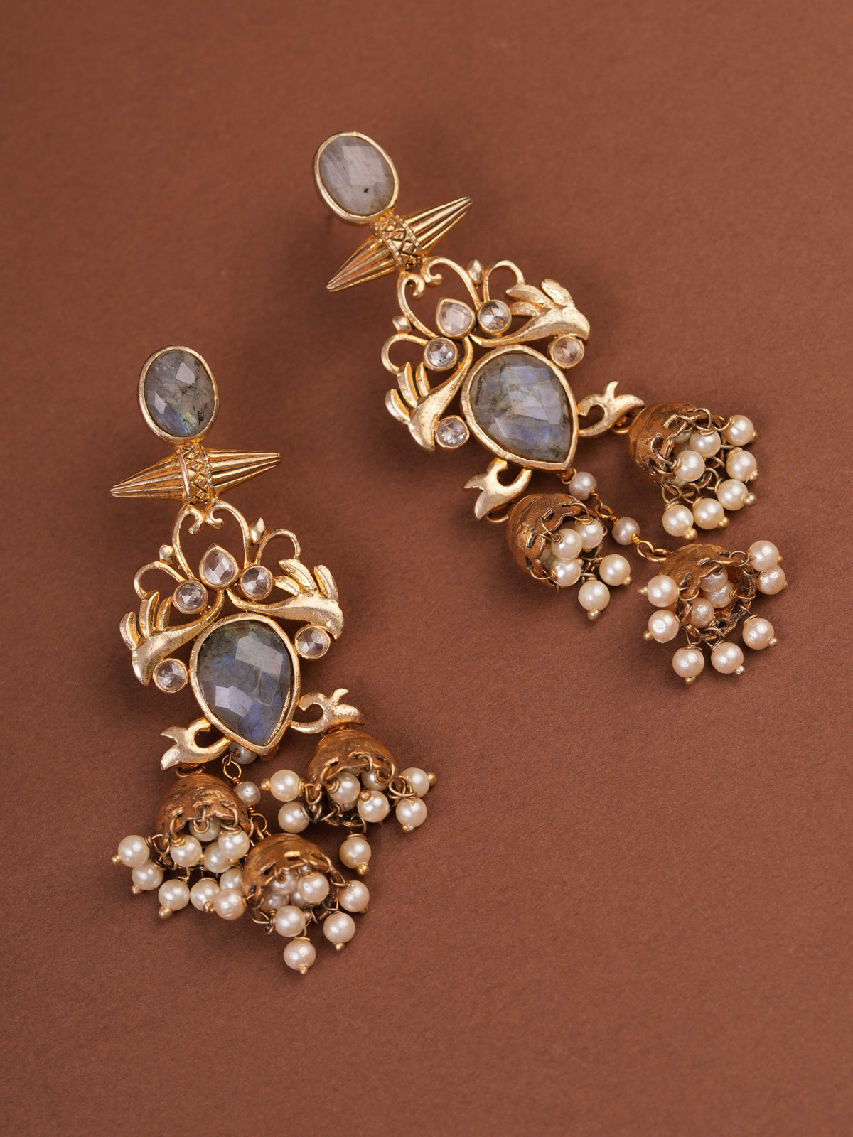 SITA JEWELRY Siya Orra grey labradorite-look earrings with antique gold motifs and triple pearl jhumkas