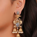 SITA JEWELRY Siya Orra grey labradorite-look earrings with antique gold motifs and triple pearl jhumkas
