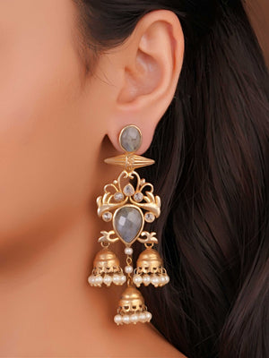 SITA JEWELRY Siya Orra grey labradorite-look earrings with antique gold motifs and triple pearl jhumkas